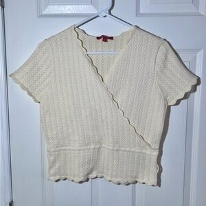 Guess Cream Scallop-Edge Wrap Pointelle Knit Top Sz XL